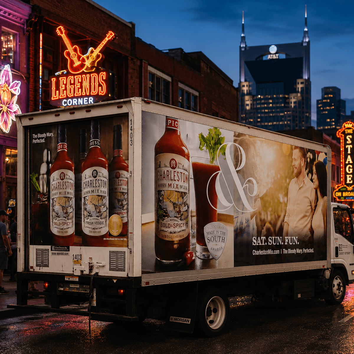 Charleston Mix delivery truck with Bloody Mary bottle graphics parked on Broadway in Nashville