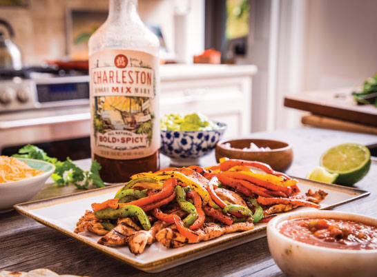 chicken fajitas with a bottle of Charleston mix