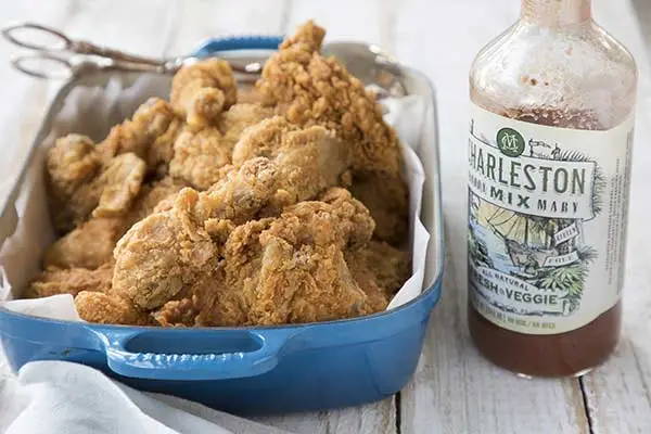 casserole dish with fried chicken and charleston mix